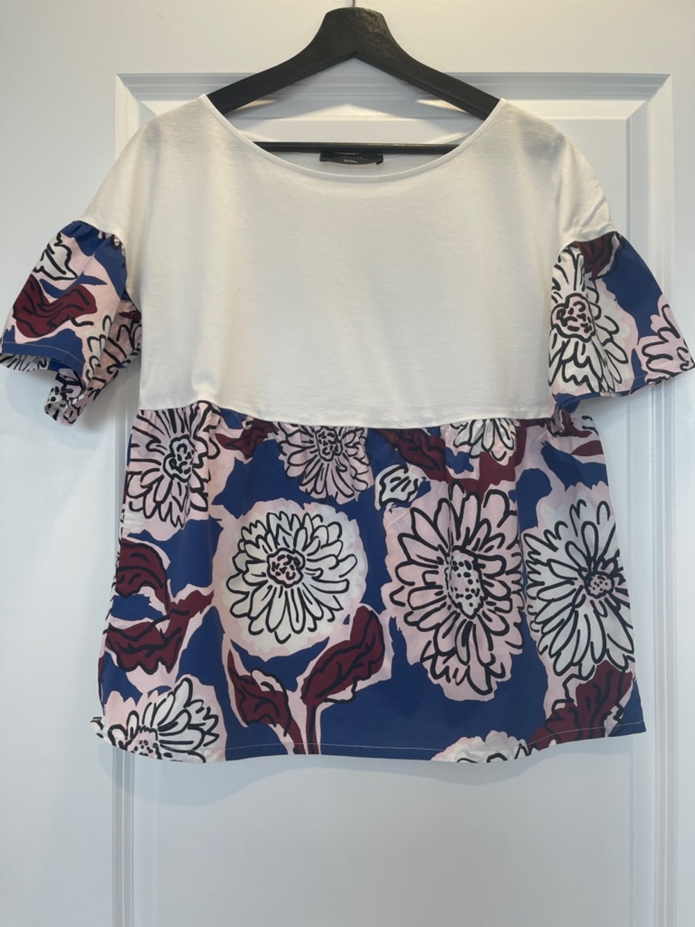 Weekend Max Mara White Top with Blue and Pink Floral Panels